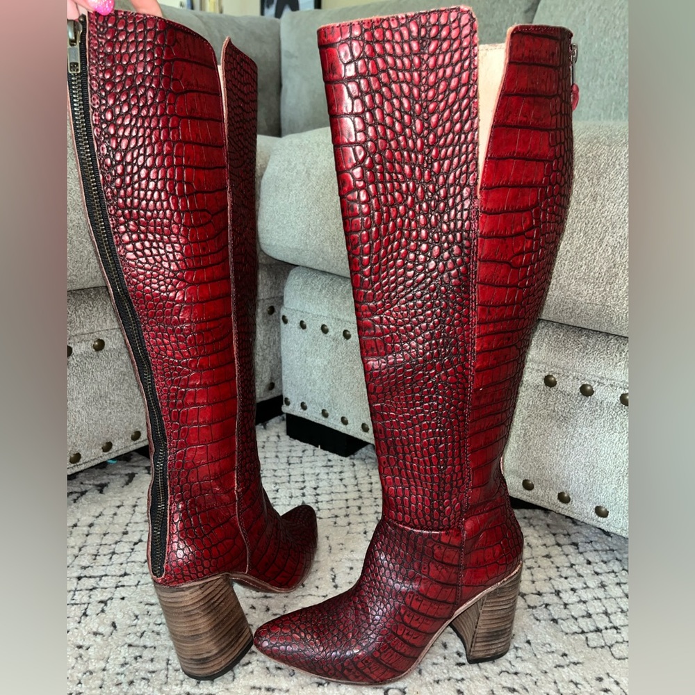 Freebird by Steven Red Croc-Embossed Heeled Boots